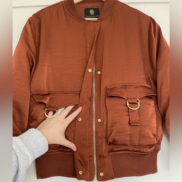 House Of Harlow 1960 Satin Bomber Jacket Women’s Medium Metallic Brown Ruched - Picture 8 of 16